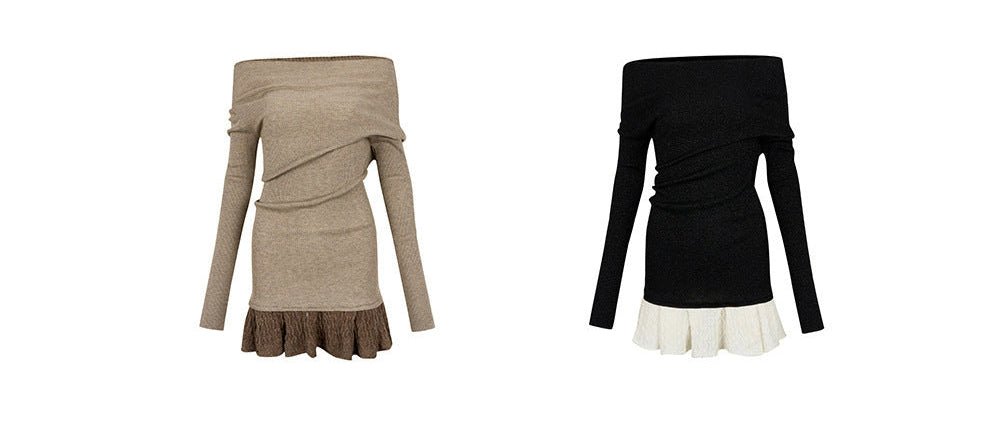 Black Knitted Sweater Dress With Spliced Skirt