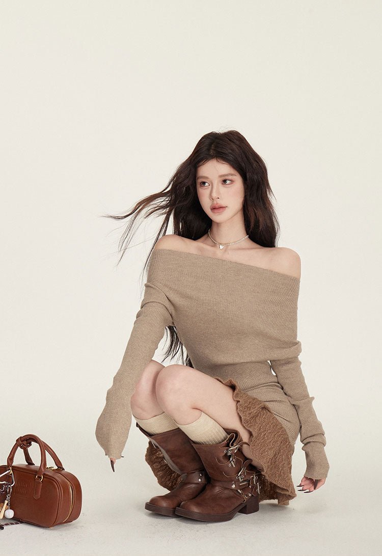 Black Knitted Sweater Dress With Spliced Skirt