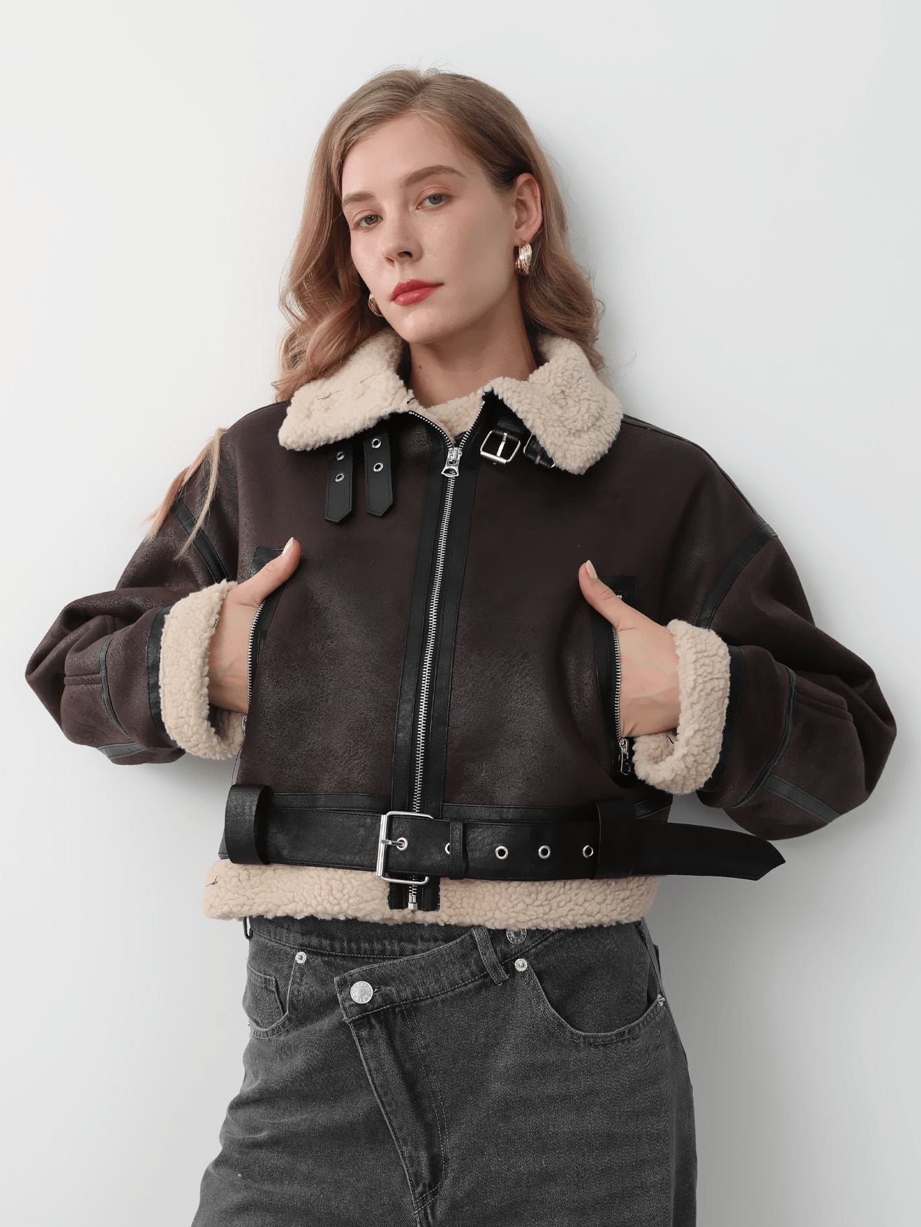 Women Retro Motorcycle Style Short Fur Jacket