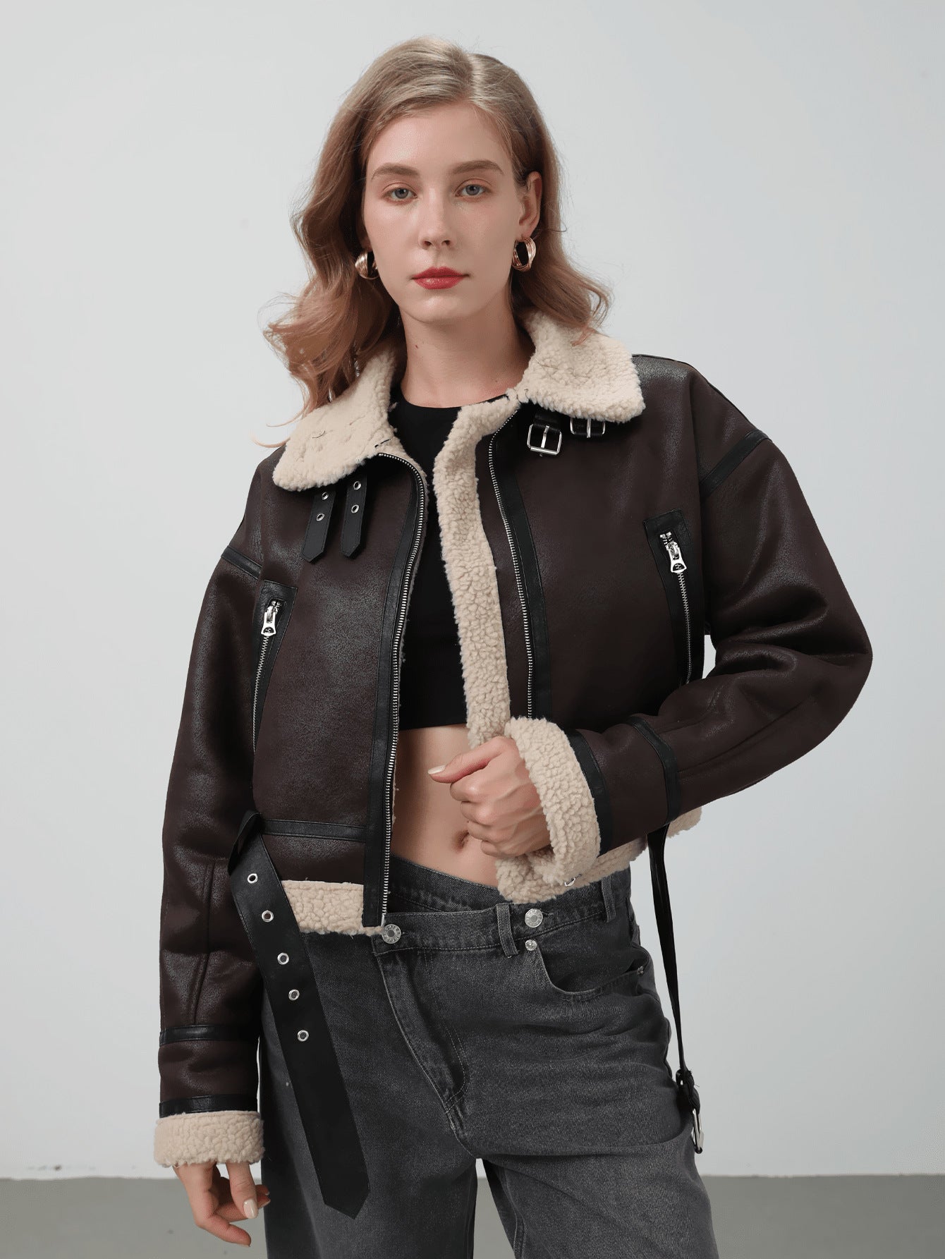 Women Retro Motorcycle Style Short Fur Jacket